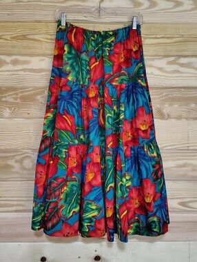 Vintage Tropical Floral Tiered Maxi Skirt S Elastic Waist Pull On Hawaiian Boho